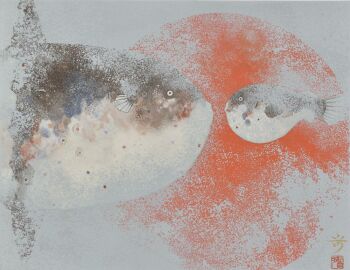 Rule 34 | animal focus, commentary, damumun, fish, grey background, highres, muted color, no humans, ocean sunfish, original, puffer fish, traditional media