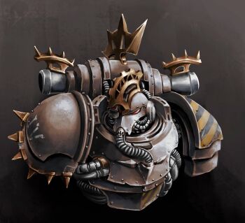 Rule 34 | 1boy, adeptus astartes, armor, backpack, bag, breastplate, chaos space marine, commentary request, cropped torso, full armor, gorget, helmet, highres, iron warriors, little sun, pauldrons, shoulder armor, solo, upper body, warhammer 40k