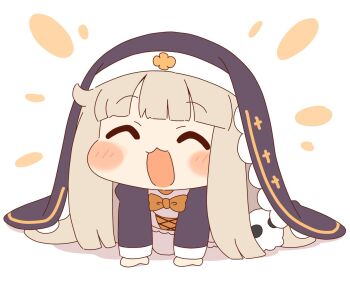 1girl :3 :d ^_^ all_fours black_dress black_veil blunt_bangs blush_stickers bow bowtie chibi chibi_only closed_eyes commentary_request dress full_body grey_hair long_hair long_sleeves meme open_mouth orange_bow orange_bowtie simple_background sitting smile solo speaki_(trickcal) speakiposting_(meme) trickcal veil white_background zungurimukkuri_tarou