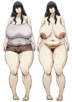 Rule 34 | 1girl, belly, black hair, breasts, brown eyes, brown shorts, camisole, completely nude, crossed bangs, female pubic hair, grey camisole, hair between eyes, huge breasts, lips, long hair, mature female, multiple views, navel, nipples, nude, original, plump, pubic hair, pussy, sagging breasts, short shorts, shorts, solo, standing, thick thighs, thighs, toshi (8868750), white background, wrinkled skin