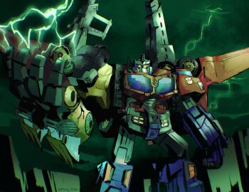 absurdres autobot clenched_hand galaxy_convoy glowing glowing_eyes highres lightning looking_at_viewer mecha mecha_focus mechanical_wings open_hand optimus_prime prog_ares robot solo super_robot transformers transformers_cybertron transformers_unicron_trilogy twitter_username v-shaped_eyebrows wings yellow_eyes