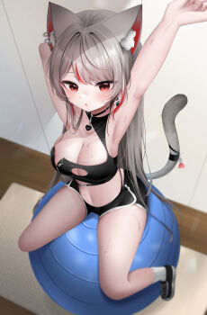 1girl absurdres animal_ears armpits arms_up ball bare_arms bare_shoulders black_choker black_shirt black_shorts breasts cat_ears cat_girl cat_tail choker cleavage cleavage_cutout clothing_cutout collarbone crop_top dolphin_shorts earrings exercise_ball grey_hair heart highres iyusei_02 jewelry large_breasts long_hair looking_at_viewer midriff mole mole_on_breast multicolored_hair navel neneko_mashiro panty_straps parted_lips red_eyes shirt short_shorts shorts sleeveless sleeveless_shirt solo stellive stomach straight_hair streaked_hair stretching sweat tail thighs very_long_hair virtual_youtuber