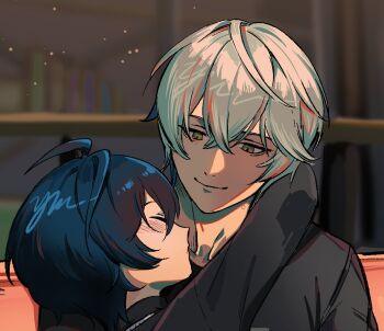 1boy 1girl belle_(zenless_zone_zero) black_shirt blue_hair brother_and_sister closed_eyes commentary english_commentary hetero hug incest shirt short_hair siblings smile white_hair wise_(zenless_zone_zero) yusi_vishnu zenless_zone_zero