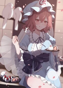 1girl :q ^^^ absurdres animal animal_on_shoulder bird bird_on_shoulder black_ribbon blue_bow blue_hat blue_kimono blue_sash blurry blurry_foreground blush bow branch breasts center_frills commentary_request daifuku falling_petals food frilled_kimono frilled_shirt_collar frilled_sleeves frills fruit hair_between_eyes hat heart highres hitodama holding holding_plate holding_skewer ichigo_daifuku japanese_clothes java_sparrow kimono large_breasts long_sleeves maka_(user_rryf2748) medium_hair mob_cap neck_ribbon obi petals pink_eyes pink_hair plate ribbon ribbon-trimmed_collar ribbon_trim saigyouji_yuyuko sash see-through_clothes see-through_veil sitting skewer solo strawberry tongue tongue_out touhou triangular_headpiece veil wagashi white_bird wide_sleeves