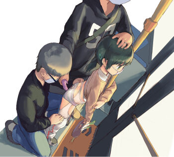 1girl 2boys absurdres black-framed_eyewear black_hair cardigan chikan clothes_pull collared_shirt dildo dutch_angle earbuds earphones glasses green_eyes hair_ornament hairclip hand_on_another&#039;s_head hetero highres holding holding_sex_toy hood hoodie loli low_ponytail mask molestation mouth_mask multiple_boys original panties pants pants_pull ponytail print_panties sex_toy shirt spring_onion standing striped_clothes striped_panties sweatpants train_interior underwear white_legwear zhongye_yu