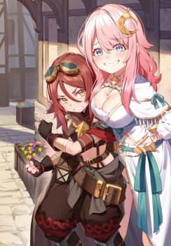 2girls angry bandaged_arm bandages belt blue_eyes blush breast_press breasts buckle building character_request city clothes_around_waist copyright_request disgust dress fingerless_gloves flower gloves goggles goggles_on_head gold hand_on_own_hip highres jewelry large_breasts long_hair moon_hair_ornament multiple_girls necklace nervous nyum original pants pink_hair pointy_ears red_hair size_difference smile sweater sweater_around_waist teeth tooth_necklace yellow_eyes