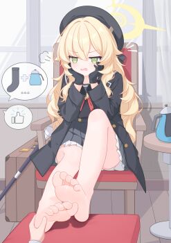 1girl @_@ absurdres barefoot black_coat black_dress black_gloves black_hat blonde_hair blue_archive chinese_commentary coat commentary_request dress eugenecolin feet gloves green_eyes halo hat highres long_hair long_sleeves open_mouth partial_commentary professor_niyaniya_(blue_archive) revision sitting soles solo_focus speech_bubble spoken_object toes variant_set wavy_hair yellow_halo