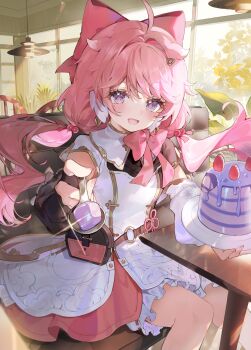 1girl :d absurdres ahoge encore_(wuthering_waves) asymmetrical_sleeves bad_food black_sleeves bloomers bow cake ceiling_light commentary_request cross-shaped_pupils detached_sleeves dress feet_out_of_frame floating_hair food fruit hair_bobbles hair_bow hair_intakes hair_ornament highres holding holding_plate holding_spoon incoming_food indoors knees_together_feet_apart long_hair looking_at_viewer low_twintails mismatched_sleeves open_mouth pink_bow pink_hair plant plate pouch purple_eyes shiohana sitting smile solo spoon strawberry symbol-shaped_pupils table twintails underwear white_bloomers white_dress white_sleeves window wuthering_waves