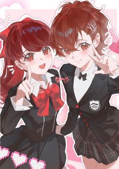 2girls black_bow black_shirt black_skirt blazer blush bow closed_mouth cosplay costume_switch gekkoukan_high_school_uniform hair_bow hair_ornament hairclip heart highres jacket long_sleeves looking_at_viewer multiple_girls open_mouth persona persona_3 persona_3_portable persona_5 persona_5_the_royal pink_background plaid_clothes plaid_skirt pointing pointing_up ponytail red_bow red_eyes red_hair school_uniform shiomi_kotone shirt shuujin_academy_school_uniform skirt smile v yoshizawa_kasumi yun_(dl2n5c7kbh8ihcx)
