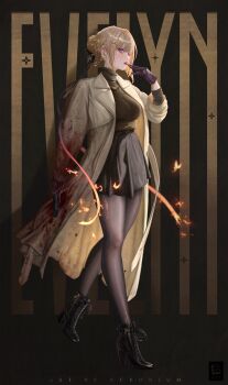 Rule 34 | 1girl, absurdres, alternate costume, artist name, biting, biting glove, black boots, black gloves, black pantyhose, black shoes, black skirt, black sweater, blonde hair, blood, blood on clothes, blood on face, blood on feet, bloody knife, bloody weapon, boots, breasts, brown background, brown coat, character name, coat, cuts, evelyn chevalier, full body, gloves, gun, hair up, high heel boots, high heels, highres, holding, holding gloves, holding knife, holding unworn clothes, holding weapon, injury, jagercoke, jewelry, knife, large breasts, looking at viewer, necklace, pantyhose, purple eyes, red lips, shoes, skirt, solo, sweater, unworn gloves, weapon, zenless zone zero