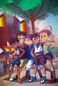 5boys :p absurdres anonanim backwards_hat black_choker black_hair black_shorts blue_shorts blue_socks braces brown_hair child choker commentary crocs dark-skinned_male dark_skin day dimitri_florez_(anonanim) english_commentary everyone facepaint felix_maez_(anonanim) flag flip-flops freckles full_body grin hand_on_another's_waist hat highres jewelry josh_mcennis_(anonanim) kenji_nakamura_(anonanim) lgbt_pride looking_at_viewer midriff multiple_boys navel necklace original orion_anders_(anonanim) outdoors pants polo_shirt pride_month progress_pride_flag purple_hair rainbow_flag red_shoes red_sleeves ringer_t-shirt sandals shoes shorts smile socks tank_top tear_troughs tongue tongue_out tree v white_pants yellow_shorts