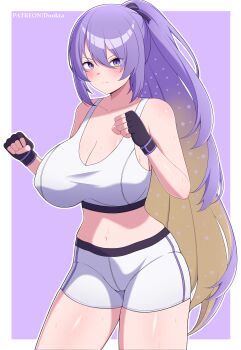 absurdres blush breasts clenched_hands crop_top determined dookta gloves gym_uniform hands_up highres hololive hololive_indonesia large_breasts long_hair moona_hoshinova multicolored_hair navel purple_hair simple_background skin_tight sweat thighs very_long_hair