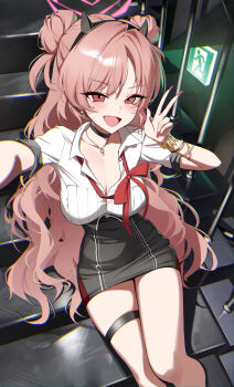 1girl absurdres black_choker black_horns black_skirt blue_archive blush bow bowtie breasts choker cleavage commentary_request double_bun fake_horns fingernails hair_bun hairband halo high-waist_skirt highres horn_hairband horns jewelry kirara_(blue_archive) large_breasts long_fingernails long_hair looking_at_viewer loose_bowtie nail_polish necklace okkimon open_mouth outstretched_arm pink_eyes pink_hair pink_halo red_bow red_bowtie red_nails short_sleeves sitting sitting_on_stairs skirt smile solo stairs thigh_strap w wavy_hair