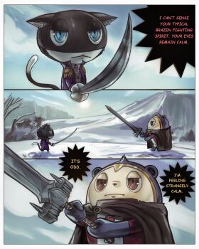 2boys bear bear_boy blue_eyes cape cat chapinor english_text highres holding holding_sword holding_weapon kuma_(persona_4) morgana_(persona_5) multiple_boys no_humans outdoors persona persona_4 persona_5 sword tuxedo_cat weapon