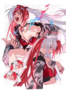 Rule 34 | 1girl, absurdres, artist name, beads, black choker, bra, choker, cropped jacket, fate/grand order, fate (series), fire, frilled bra, frills, fur trim, hair beads, hair intakes, hair ornament, head only, highres, jacket, jewelry, knee up, laughing, long sleeves, looking at viewer, looking to the side, matsunaga hisahide (fate), multicolored hair, nail polish, necklace, off-shoulder one-piece swimsuit, off shoulder, one-piece swimsuit, open mouth, parted lips, print jacket, red bra, red hair, shouting, swimsuit, teeth, temu (tem27), twintails, two-tone hair, underwear, upper body, white hair