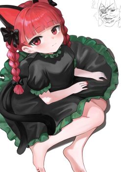 1girl absurdres animal_ears barefoot blunt_bangs bow braid breasts cat_ears cat_tail commentary_request dokomon dress extra_ears feet from_above highres kaenbyou_rin multiple_tails nail_polish red_eyes red_hair red_nails simple_background small_breasts solo_focus tail toenail_polish toenails toes touhou twin_braids white_background