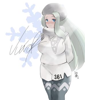 1girl adamsketches arms_behind_back artist_name blue_eyes breasts commentary earrings english_commentary fur_collar fur_hat hat highres jewelry large_breasts long_hair long_sleeves mature_female melony_(pokemon) multicolored_hair nintendo pantyhose pantyhose_under_shorts pearl_earrings plump pokemon pokemon_swsh shorts side_slit side_slit_shorts sketch smile solo streaked_hair sweater ushanka white_hat white_sweater