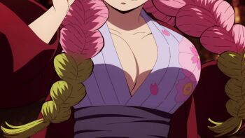 1girl animated animated_gif anime_screenshot bouncing_breasts braid breast_focus breasts cleavage collarbone female_focus floral_print floral_print_kimono green_hair head_out_of_frame japanese_clothes kanroji_mitsuri kimetsu_no_yaiba kimono large_breasts long_hair looping_animation multicolored_hair official_art pink_hair print_kimono red_robe robe running sash solo stitched teeth third-party_edit twin_braids two-tone_hair yukata