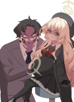 1boy 1girl absurdres belly_rub blue_archive chair crying crying_with_eyes_open drooling evil_smile highres loli madrawing pregnancy_halo pregnant pregnant_loli professor_niyaniya_(blue_archive) sensei_(blue_archive) sitting smile tears