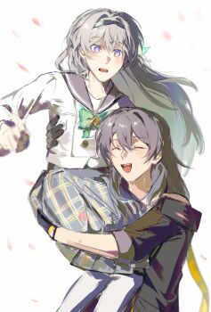 2girls black_gloves blush bow bowtie carrying carrying_person firefly_(honkai:_star_rail) firefly_(spring_missive)_(honkai:_star_rail) gloves gradient_eyes gradient_hair green_bow green_bowtie green_pupils grey_hair grey_hairband grey_sailor_collar hair_between_eyes hair_intakes hair_ornament hairband hashtag-only_commentary highres honkai:_star_rail honkai_(series) long_hair multicolored_eyes multicolored_hair multiple_girls open_mouth plaid_bow plaid_bowtie plaid_clothes sailor_collar stelle_(honkai:_star_rail) tdinhphung teeth trailblazer_(honkai:_star_rail) upper_teeth_only yuri