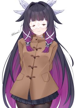 1girl absurdres arms_behind_back artist_name black_hair black_pantyhose black_skirt closed_mouth coat columbina_(genshin_impact) commentary cowboy_shot eye_mask facing_viewer genshin_impact hair_ornament highres kakuen11 long_hair long_sleeves mask multicolored_hair pantyhose plaid_clothes plaid_skirt pleated_skirt pocket purple_hair skirt smile solo two-tone_hair very_long_hair wing_hair_ornament winter_clothes x_hair_ornament