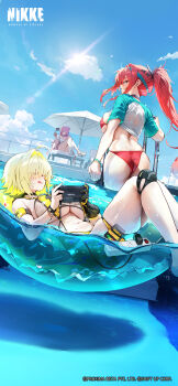 3girls :p absurdres ahoge aqua_hairband ass asymmetrical_pasties ball beach_umbrella beachball bikini blonde_hair blurry breasts choker cleavage climbing_ladder clothes_lift clothing_cutout cloud crocs cropped curvy day depth_of_field dorothy_(nikke) dorothy_(serendipity)_(nikke) elegg_(boom_and_shock)_(nikke) elegg_(nikke) flower-shaped_hair game_cg game_controller_nipples_(meme) game_controller_print goddess_of_victory:_nikke hair_intakes hair_over_eyes hairband handheld_game_console highres huge_ass large_breasts lens_flare long_hair medium_breasts meme multiple_girls navel official_alternate_costume official_alternate_design official_art one-piece_swimsuit partially_underwater_shot pink_hair ponytail pool_ladder rapi_(nikke) rapi_(red_hood)_(nikke) rapi_(red_hood)_(red_flavor)_(nikke) red_bikini red_eyes red_hair see-through_slingshot_swimsuit shiny_skin shirt shirt_lift short_hair sidelocks skindentation slingshot_swimsuit smile spoilers swimsuit thighs thong thong_bikini tongue tongue_out umbrella watermark wet wide_hips yellow_one-piece_swimsuit yellow_slingshot_swimsuit