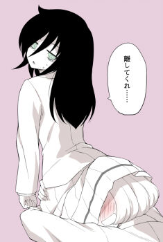 2girls blush commentary_request female_pervert green_eyes greyscale_with_colored_background head_under_skirt hugging_another&#039;s_leg jacket kuroki_tomoko medium_skirt multiple_girls open_mouth pervert pink_background ringed_eyes school_uniform skirt smile spot_color sweat translation_request uchi_emiri watashi_ga_motenai_no_wa_dou_kangaetemo_omaera_ga_warui! yuri zan_shin