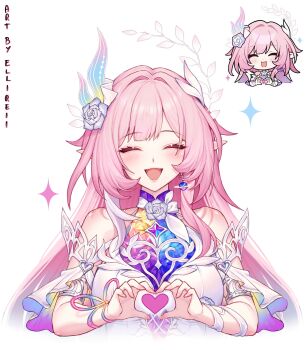 1girl absurdres aqua_hair artist_name bare_shoulders breasts commentary_request cyrene_(honkai:_star_rail) cyrene_(ripples_of_past_reverie)_(honkai:_star_rail) dress earrings ellireii flower four-finger_heart_hands hair_flower hair_ornament heart heart_hands highres honkai:_star_rail honkai:_star_rail_sticker_redraw_(meme) honkai_(series) jewelry large_breasts long_hair meme multicolored_hair open_mouth pink_hair pointy_ears simple_background smile solo very_long_hair white_dress white_hair