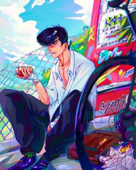 1boy bag bandaged_hand bandages bandaid bandaid_on_face bicycle black_hair book can chain-link_fence collared_shirt commentary day diamond_wa_kudakenai drink_can drinking_straw drinking_straw_in_mouth earrings fence higashikata_josuke highres holding holding_can jewelry jojo_no_kimyou_na_bouken on_ground open_clothes open_shirt outdoors paper partially_unbuttoned pompadour purple_eyes sayurkailen shirt sitting sky soda_can solo stud_earrings symbol-only_commentary vending_machine