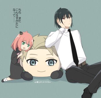 1boy 1girl anya_(spy_x_family) belt black_dress black_hair black_necktie black_pants black_shoes brown_belt character_doll child doll dress dress_shirt dress_shoes green_background green_eyes grey_hair hair_between_eyes hairpods hand_on_own_head kneeling long_hair long_sleeves looking_at_viewer medium_hair mello79 necktie nesoberi open_mouth pants pink_hair shirt shirt_tucked_in shoes short_hair simple_background sitting socks spy_x_family sweatdrop tearing_up translation_request twilight_(spy_x_family) uncle_and_niece very_long_hair white_shirt white_socks yuri_briar