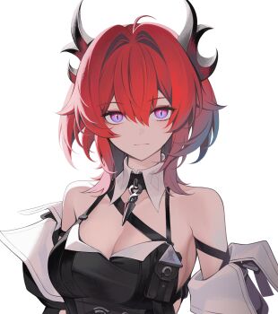 Rule 34 | 1girl, absurdres, arknights, arknights: endfield, black dress, black horns, breasts, commentary request, demon horns, detached collar, detached sleeves, dress, expressionless, highres, horns, laevatain (arknights), large breasts, looking at viewer, medium hair, purple eyes, red hair, simple background, solo, sora (men0105), surtr (arknights), upper body, white background