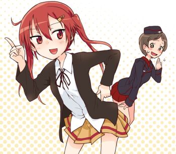 Rule 34 | 1girl, 2girls, artist request, bellwall school uniform, black hat, black jacket, black ribbon, brown eyes, brown skirt, collared shirt, crossed arms, garrison cap, girls und panzer, girls und panzer little army, hair ornament, hairpin, hat, jacket, kojima emi, kuromorimine military uniform, lock, long hair, miniskirt, multiple girls, nakasuga emi, name connection, non-web source, orange eyes, orange hair, red hair, red skirt, ribbon, school uniform, shirt, short hair, skirt, source request, twintails, very short hair