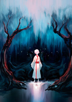 Rule 34 | 1boy, bare tree, barefoot, blue sky, character request, commentary, cover, cover page, day, english commentary, evil grin, evil smile, faceless, faceless male, full body, grin, highres, japanese clothes, kimono, light particles, long sleeves, male focus, official art, outdoors, pale skin, patipat asavasena, red sash, sash, shinjurou, short hair, sky, sleeves past fingers, sleeves past wrists, smile, solo, standing, standing on liquid, tree, waist sash, water, wetland, white hair, white kimono, wide sleeves