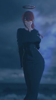 1girl absurdres arm_behind_back black_hair breasts chainsaw_man closed_mouth halo highres large_breasts long_hair looking_at_viewer makima_(chainsaw_man) outdoors overcast red_hair red_halo sky solo spoiledmuffin standing yellow_eyes
