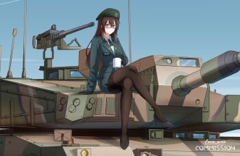 Rule 34 | 1girl, aircraft, alvin art15, artist name, beret, black pantyhose, brown hair, browning m2, cannon, close-up, commentary, commission, crossed legs, cup, english commentary, glasses, gun, hat, heavy machine gun, heterochromia, highres, holding, holding cup, k2 black panther, machine gun, military uniform, military vehicle, motor vehicle, mug, on tank, original, pantyhose, red eyes, sitting, smoke grenade launcher, solo, tank, weapon, yellow eyes