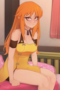 1girl aika_(eternal_arcadia) armband breasts brown_eyes closed_mouth commentary darahan dress earrings embarrassed english_commentary eternal_arcadia hair_down indoors jewelry long_hair looking_at_viewer medium_breasts orange_hair sitting solo yellow_dress
