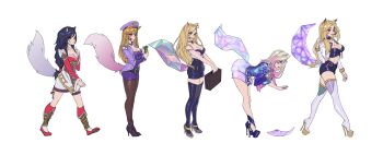 5girls absurdres ahri_(league_of_legends) animal_ears bent_over bimbo_picks_up_a_book_(meme) bimbofication black_hair blonde_hair boots braid breasts commentary crystal_tail dawvil english_commentary facial_mark fox_ears fox_girl fox_tail full_body hat headset high_heels highres holding holding_money holding_suitcase jacket k/da_(league_of_legends) k/da_ahri k/da_all_out_ahri large_breasts league_of_legends long_hair long_sleeves meme money multiple_girls multiple_persona peaked_cap pink_skirt platform_heels popstar_ahri purple_hat purple_jacket purple_shoes red_nails shoes simple_background skirt stiletto_heels suitcase tail thigh_boots thigh_strap thighs walking whisker_markings white_background
