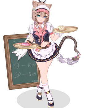 Rule 34 | 1girl, absurdres, animal ears, apron, black shirt, black shoes, black skirt, blue eyes, blunt bangs, breasts, cat ears, cat girl, cat tail, commentary request, cup, donut, food, green eyes, heterochromatic eyewear, highres, holding, holding plate, honkai (series), honkai impact 3rd, looking at viewer, medium breasts, menu board, official alternate costume, pardofelis, pardofelis (meowtose macchiato), plate, qianjiaqiuhao, shirt, shoes, simple background, skirt, socks, solo, tail, thighs, tinted eyewear, visor cap, white apron, white background, white socks