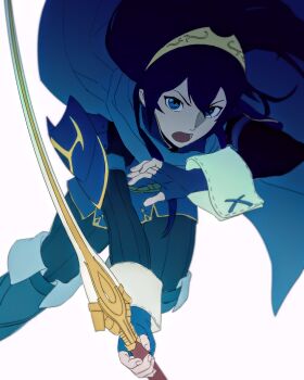 1girl absurdres armor blue_cape blue_eyes blue_gloves blue_hair cape commentary falchion_(fire_emblem) fingerless_gloves fire_emblem fire_emblem_awakening floating_hair gloves grey_background hair_between_eyes hashtag-only_commentary highres holding holding_sword holding_weapon kwajia3 long_hair looking_at_viewer lucina_(fire_emblem) nintendo pauldrons shoulder_armor simple_background single_pauldron solo sword tiara weapon