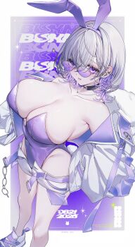 1girl animal_ear_hairband animal_ears breasts cleavage collarbone earrings eyelashes fake_animal_ears fur-trimmed_jacket fur_trim glasses grey_hair hairband highres jacket jewelry large_breasts leotard neko-san_(dim.dream) open_clothes open_fly open_jacket original playboy_bunny purple-tinted_eyewear purple_eyes purple_leotard rabbit_ear_hairband rabbit_ears rabbit_tail shoes short_shorts shorts solo strapless strapless_leotard tail tinted_eyewear twitter_username white_jacket white_shoes