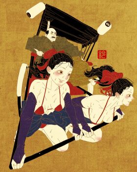 1boy 2girls absurdres black_hair bow bra breasts brown_eyes fine_art_parody fingerless_gloves forearm_gloves gloves hair_bow highres inkan lantern medium_breasts multiple_girls nihonga open_mouth original panties parody ponytail red_bow red_bra red_panties rickshaw running sei5osuzuki smile sweat underwear yellow_background