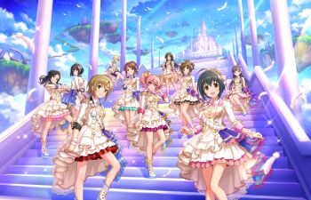 6+girls annindoufu_(oicon) brown_hair castle feathers floating_island himekawa_yuki idolmaster idolmaster_cinderella_girls jougasaki_mika key_visual kobayakawa_sae kohinata_miho maekawa_miku mifune_miyu mukai_takumi multiple_girls official_art pink_hair promotional_art shirasaka_koume stairs tada_riina takafuji_kako twintails