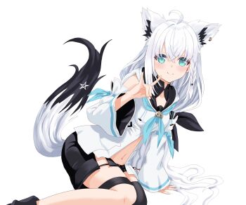 1girl absurdres ahoge animal_ear_fluff animal_ears black_shorts black_thighhighs blue_neckerchief blush bow braid commentary_request detached_sleeves earrings extra_ears fox_ears fox_girl fox_shadow_puppet fox_tail front_slit green_eyes hair_between_eyes hair_bow highres hololive hood hooded_vest hoodie jewelry lingmu long_hair looking_at_viewer midriff navel neckerchief pentagram shirakami_fubuki shirakami_fubuki_(1st_costume) short_shorts shorts sidelocks simple_background single_braid single_thighhigh sitting smile solo tail thigh_strap thighhighs vest virtual_youtuber white_background white_hair white_hoodie white_sleeves
