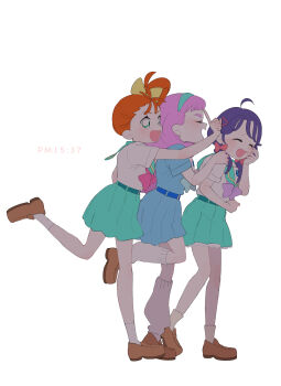 Rule 34 | 35kawaiiprpr, 3girls, absurdres, aozora middle school uniform, aqua hairband, aqua sailor collar, aqua skirt, blue bow, blue bowtie, blue shirt, blue skirt, bow, bowtie, brown shoes, closed eyes, green eyes, hair bow, hair pulled back, hairband, highres, index finger raised, laughing, laura la mer, leaning forward, loafers, long hair, looking at another, loose socks, low twintails, medium hair, miniskirt, multiple girls, natsuumi manatsu, open mouth, orange hair, pink bow, pink bowtie, pink hair, pleated skirt, precure, purple bow, purple bowtie, purple hair, sailor collar, school uniform, shirt, shoes, short sleeves, side ponytail, simple background, skirt, smile, socks, standing, standing on one leg, suzumura sango, timestamp, tropical-rouge! precure, twintails, walking, white background, white shirt, white socks, yellow bow