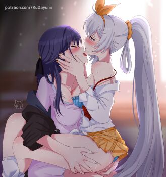 2girls absurdres black_jacket blue_bra blue_panties blush bow bow_hairband bra bra_pull breasts closed_eyes clothes_pull commentary couple dress english_commentary from_side grey_eyes grey_hair hair_ornament hair_scrunchie hairband half_updo hand_on_another's_thigh highres honkai_(series) honkai_impact_3rd jacket jacket_partially_removed kiana_kaslana kiana_kaslana_(ba-dum!_fiery_wishing_star) kiss kissing_chin kudayunii large_breasts long_hair long_sleeves miniskirt multiple_girls nipples open_mouth orange_bow orange_hairband orange_scrunchie orange_skirt panties plaid_bra plaid_clothes ponytail profile purple_dress purple_hair pussy_juice raiden_mei raiden_mei_(apho) scrunchie shirt shirt_partially_removed sitting sitting_on_lap sitting_on_person skirt striped_clothes striped_panties sweat underwear very_long_hair white_shirt yuri