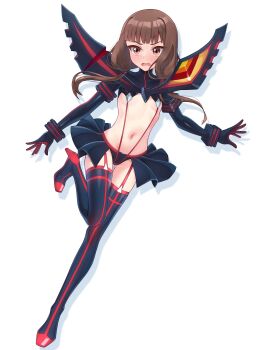 1girl absurdres black_gloves black_skirt blunt_bangs blush breasts brown_eyes brown_hair cosplay gloves highres iino_miko kaguya-sama_wa_kokurasetai_~tensai-tachi_no_renai_zunousen~ long_hair looking_at_viewer low_twintails matoi_ryuuko matoi_ryuuko_(cosplay) moriforests navel revealing_clothes simple_background skirt solo suspenders thighhighs twintails white_background