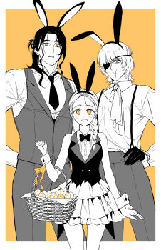 Rule 34 | 1girl, 2boys, absurdres, animal ear hairband, animal ears, arm behind back, ascot, badeni, bare shoulders, basket, black bow, black bowtie, black gloves, black hair, black hairband, black necktie, black vest, border, bow, bowtie, braid, breasts, chi.: chikyuu no undou ni tsuite, chiiqwe, collared shirt, commentary request, cowboy shot, easter, easter egg, egg, eyepatch, fake animal ears, frilled skirt, frills, gloves, grey pants, grey vest, hair over shoulder, hairband, half updo, hand on own hip, highres, holding, holding basket, jolenta, korean commentary, light blush, long hair, looking at another, medium breasts, monochrome, multiple boys, necktie, nontraditional playboy bunny, oczy, orange background, orange bow, orange eyes, pants, parted bangs, parted lips, rabbit ear hairband, rabbit ears, scar, scar on face, scar on mouth, scar on nose, shirt, short hair, single braid, skirt, smile, suspenders, vest, waistcoat, white ascot, white border, white shirt, white wrist cuffs, wrist cuffs