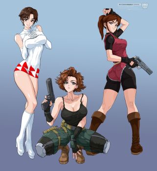 Rule 34 | 3girls, absurdres, ass, bare shoulders, bike shorts, bike shorts under shorts, black camisole, black gloves, black shirt, blue eyes, boots, breasts, brown boots, brown eyes, brown hair, camisole, claire redfield, cleavage, closed mouth, collarbone, commission, dress, earrings, elbow gloves, fingerless gloves, full body, gloves, grey background, gun, hand on own head, hands on own chest, high heel boots, high heels, highres, holding, holding gun, holding weapon, hoop earrings, jewelry, knee pads, large breasts, long hair, looking at viewer, meryl silverburgh, metal gear (series), metal gear solid, multiple girls, muscular, muscular female, nagase reiko, pants, parted bangs, parted lips, ponytail, r4: ridge racer type 4, race queen, red shorts, red vest, resident evil, resident evil 2, shirt, short hair, short sleeves, shorts, sidelocks, sleeveless, sleeveless dress, smile, solo, spaghetti strap, squatting, standing, system st91, thighs, tight clothes, tight pants, turtleneck, turtleneck dress, turtleneck shirt, vest, weapon, white boots, white dress, white gloves, white pants