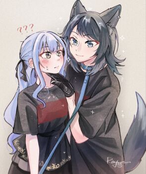 2girls animal_ears bang_dream! bang_dream!_it&#039;s_mygo!!!!! black_hair black_ribbon black_shirt blue_collar blue_eyes blue_hair brown_eyes collar commentary grey_background hair_ribbon hand_on_another&#039;s_chin highres holding holding_leash kemonomimi_mode leash long_hair multiple_girls oblivionis_(bang_dream!) ribbon shirt sidelocks symbol-only_commentary tail togawa_sakiko wolf_ears wolf_girl wolf_tail yahata_umiri yoyoray20001996 yuri