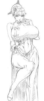 1girl 2025 alternate_breast_size_(larger) arm_up bare_arms bare_legs blue_archive breasts china_dress chinese_clothes covered_navel dress eyeliner floral_print floral_print_dress foot_out_of_frame gloves halo high_heels highres huge_breasts indinu legs lipstick looking_down makeup marina_(blue_archive) marina_(qipao)_(blue_archive) monochrome official_alternate_costume parted_lips pelvic_curtain pointing pointing_at_viewer print_dress shoes short_hair simple_background sleeveless sleeveless_dress solo standing standing_on_one_leg white_background